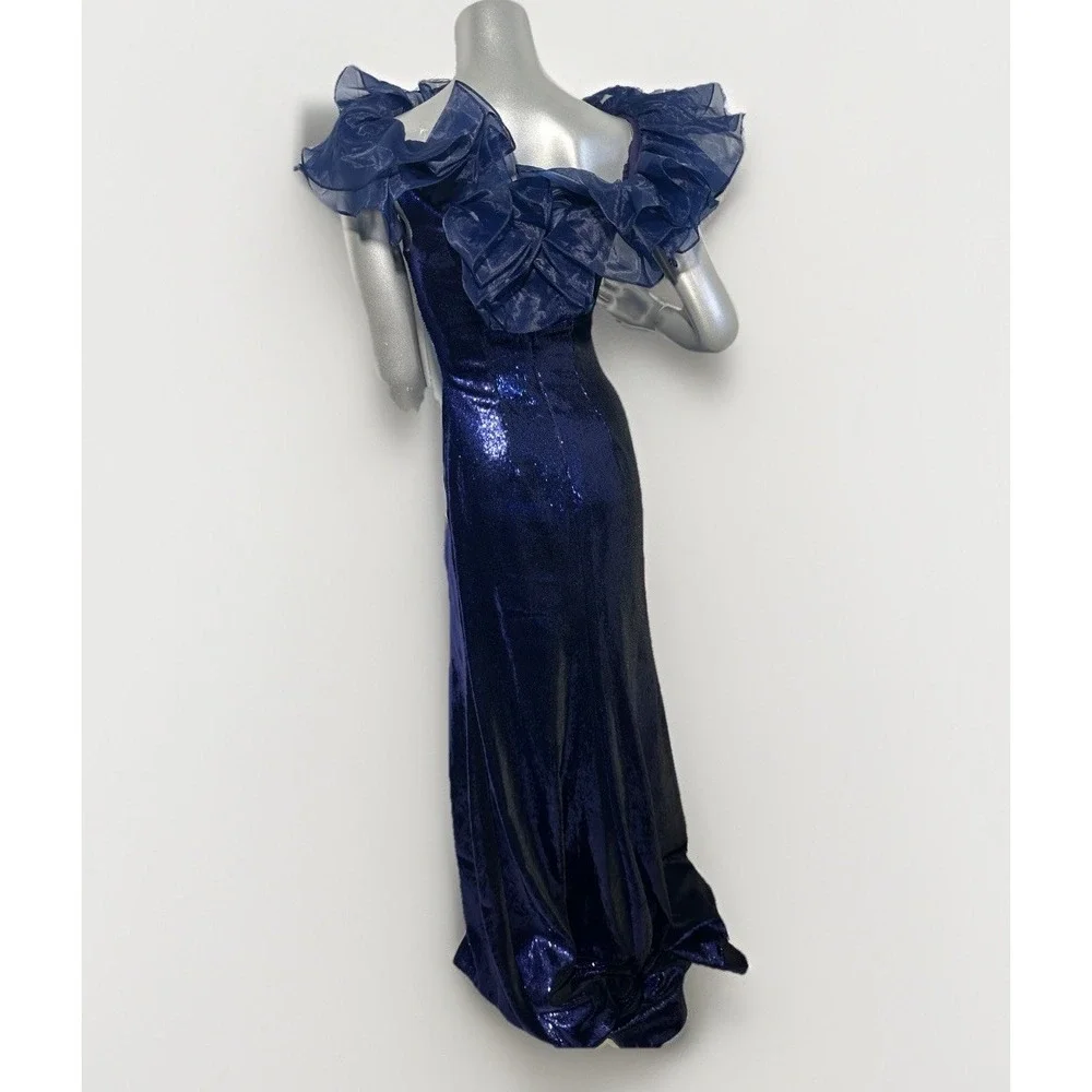 Sherri Hill 55328 Navy Blue Sequin Off-The-Shoulder Ruffle Gown – Size 00